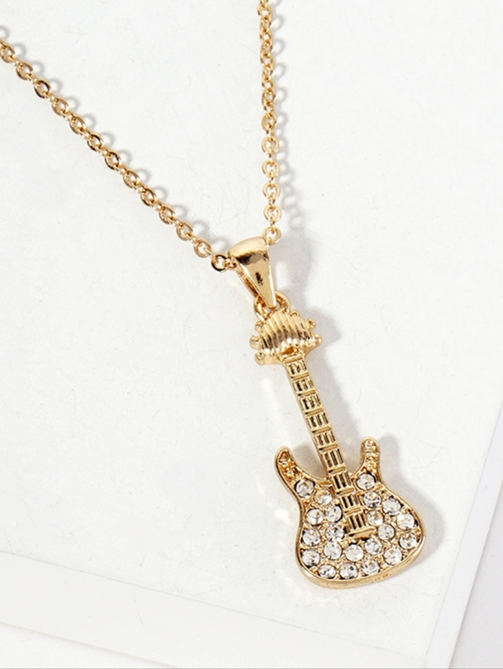 Trendy Viral Gold Tone Rhinestone Guitar Pendant Necklace 15.5" Adjustable